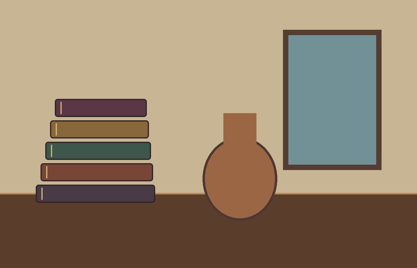 Tall book stacks, a ceramic vase, and an armchair arranged in a polished apartment