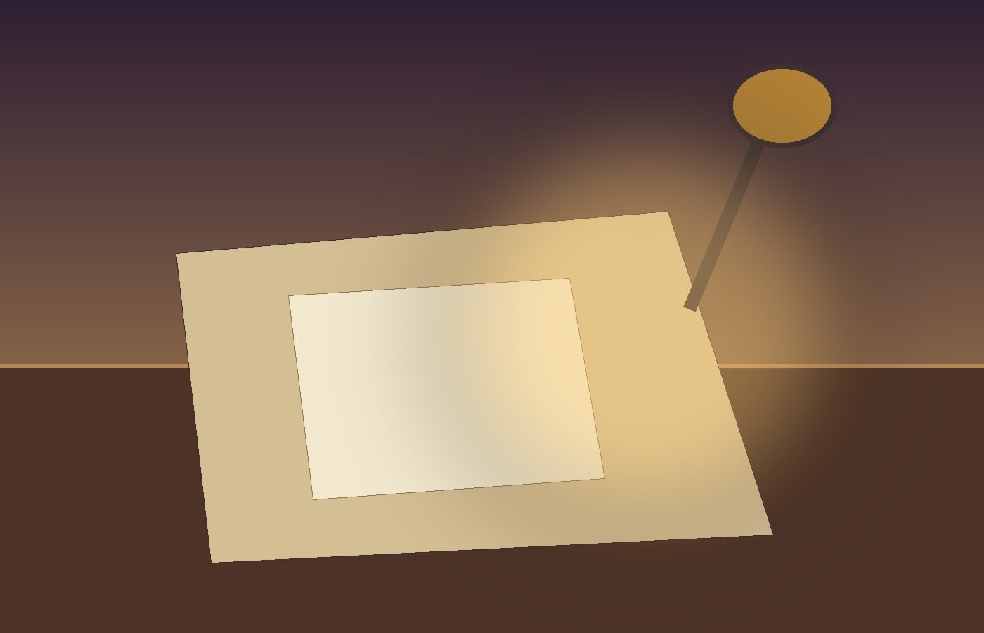 Blank drawing paper, two pencils and a metal desk lamp on a dark wooden table