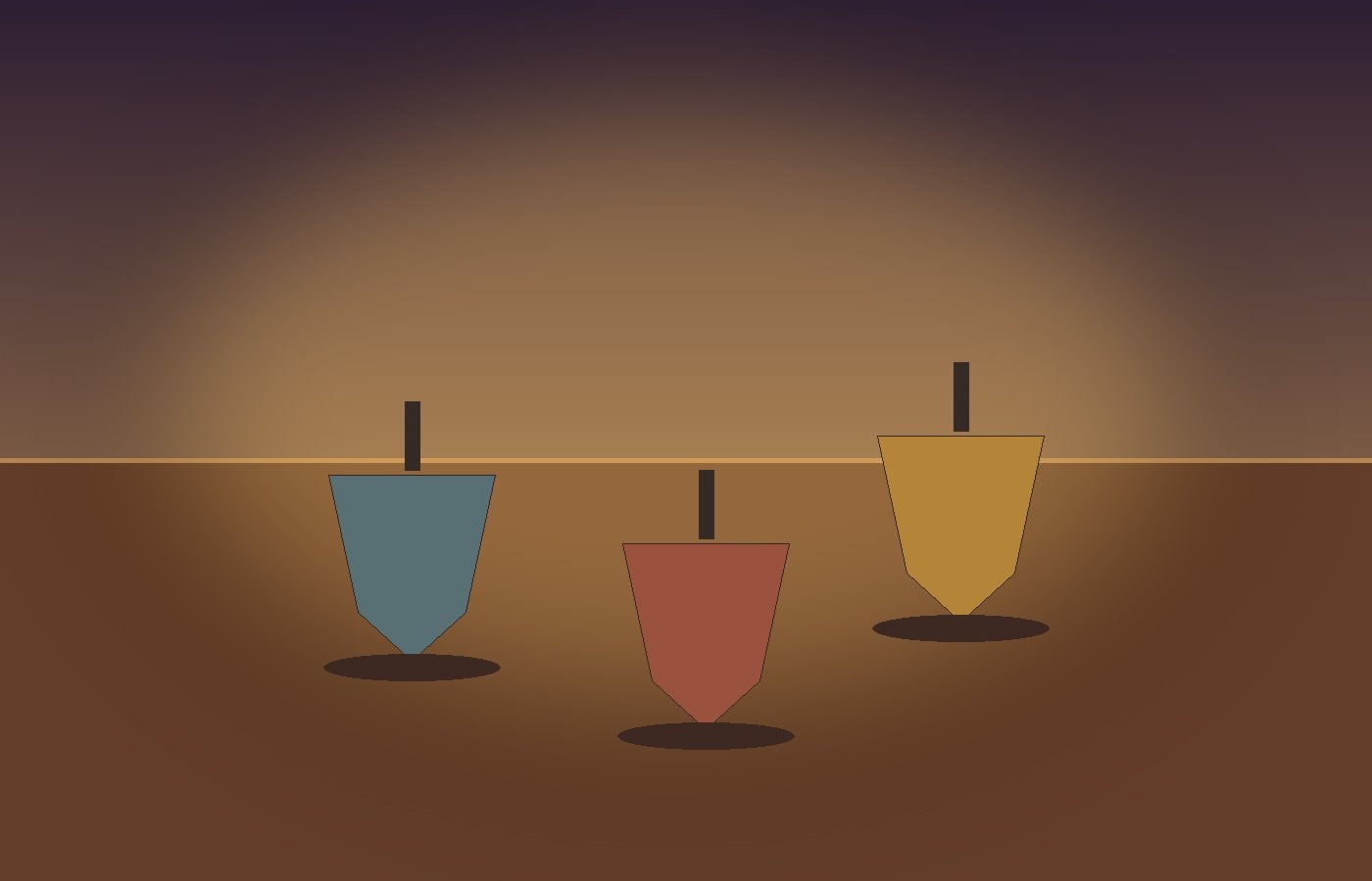 Three unmarked wooden spinning tops turning on a warm wooden table