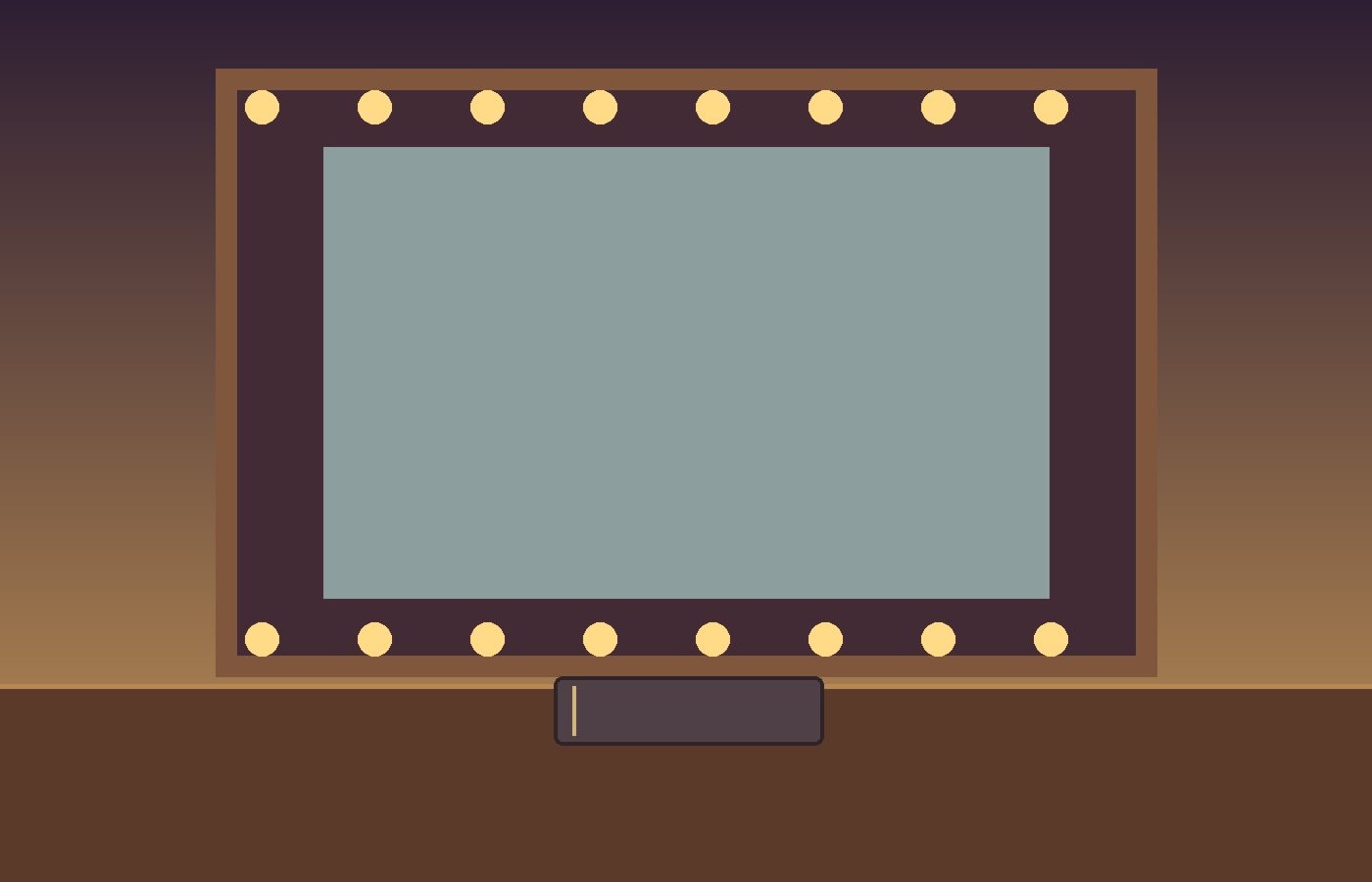 A softly lit dressing-room mirror above a table with a closed notebook