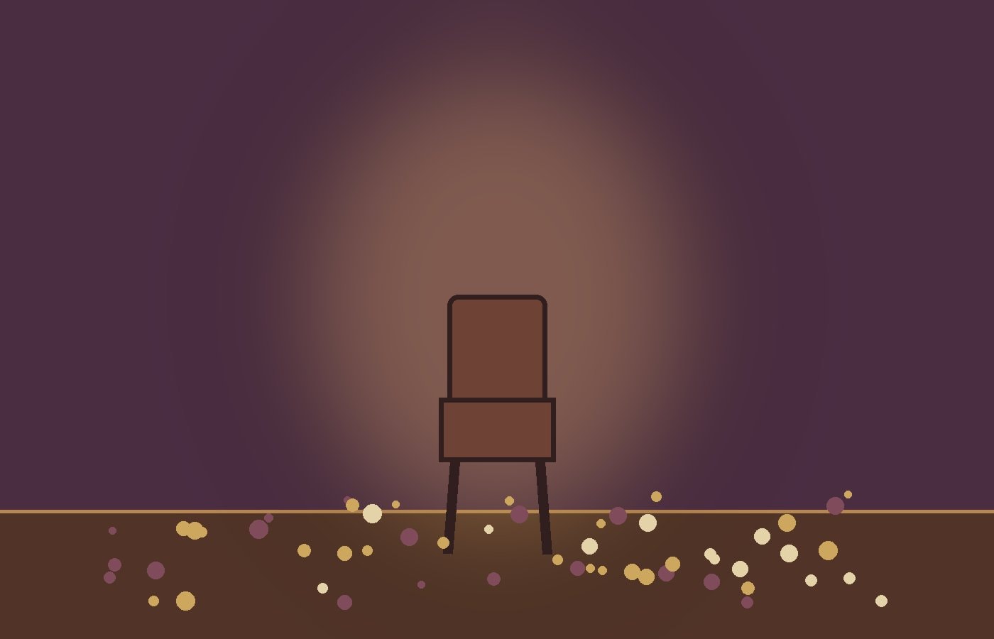 A single wooden chair beside scattered pale paper circles after a celebration