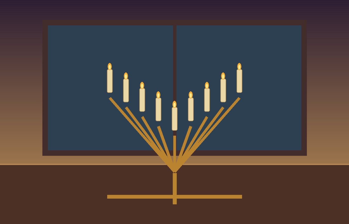 Nine-branched menorah with glowing candles on a winter windowsill