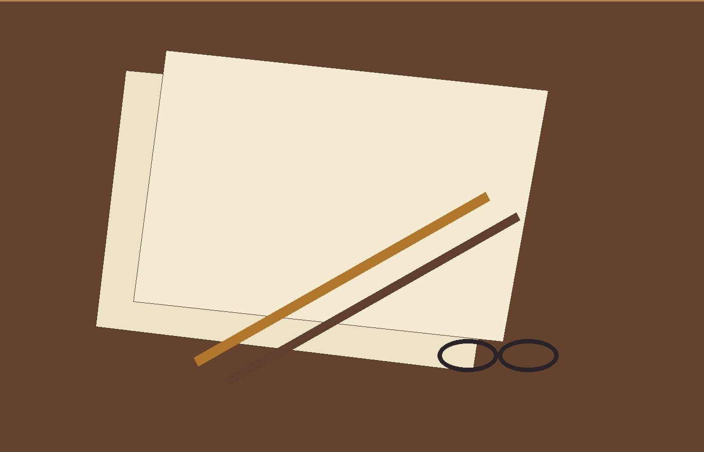 A stack of blank manuscript pages, two pencils, and reading glasses on a writing desk