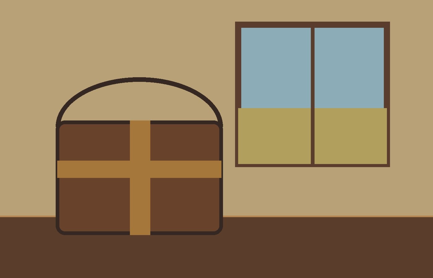 A worn travel trunk beside a small window looking onto open grassland