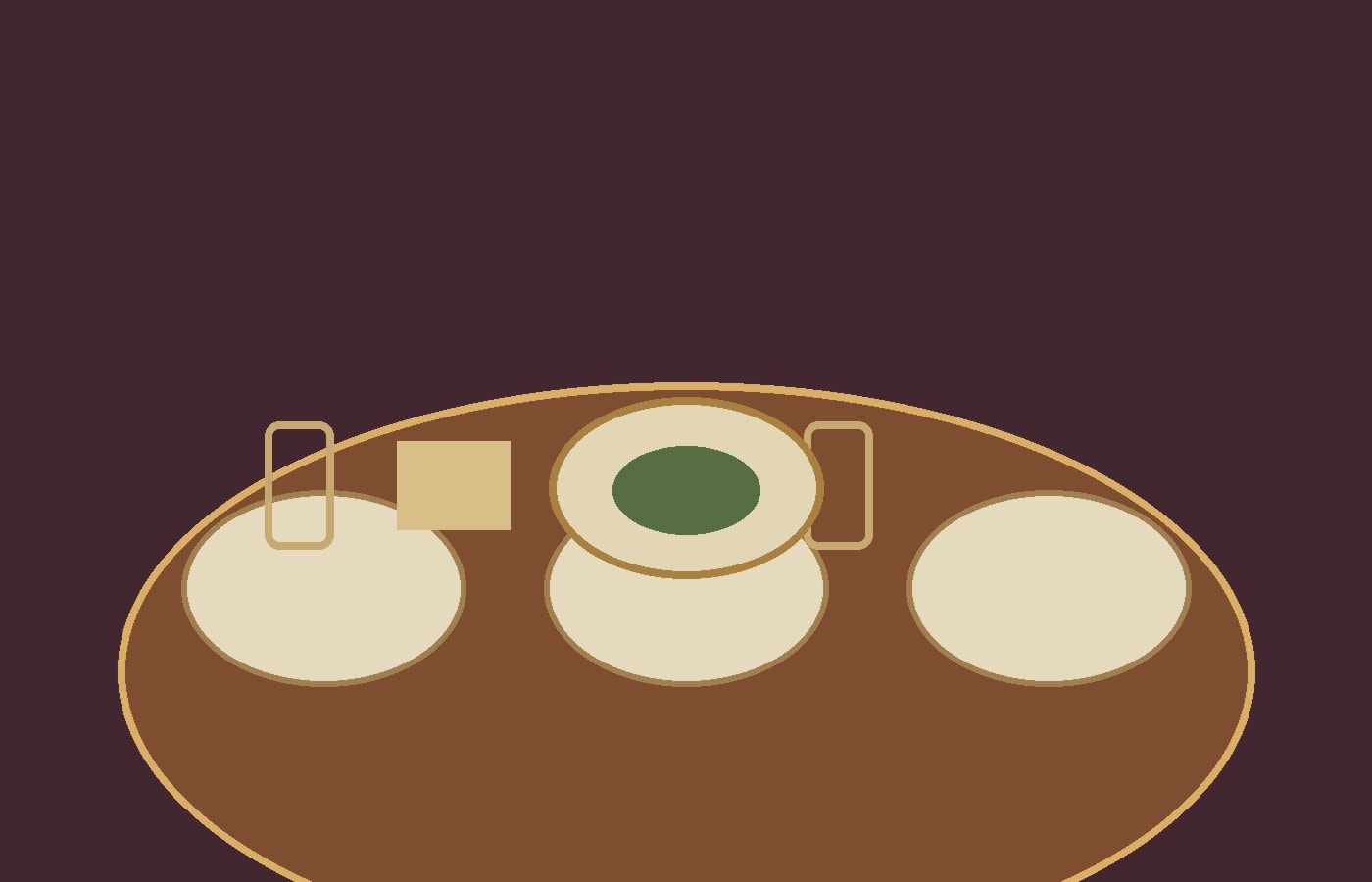 An intimate table set with a plain plate, a cup, herbs, and folded cloth