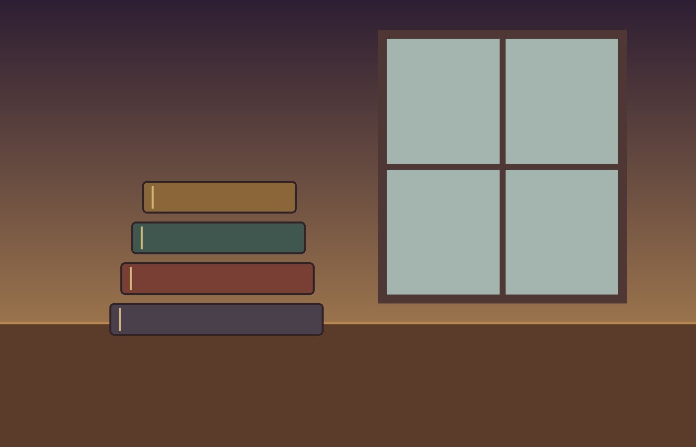Stack of worn unmarked books beside a tall window in warm afternoon light