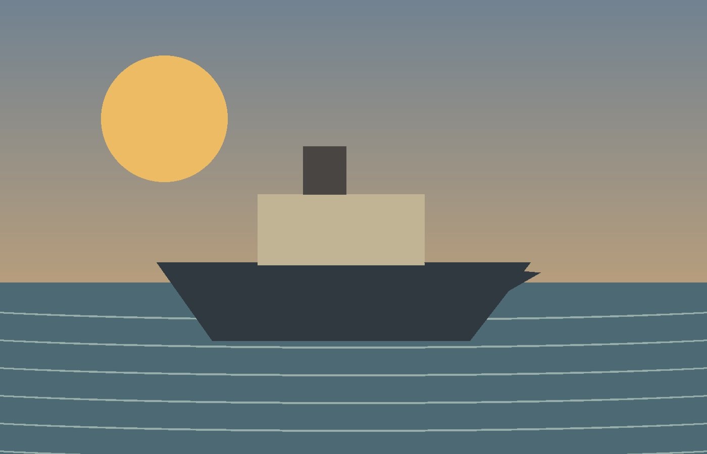 Early twentieth-century steamship crossing a grey harbor at dawn with no landmark visible