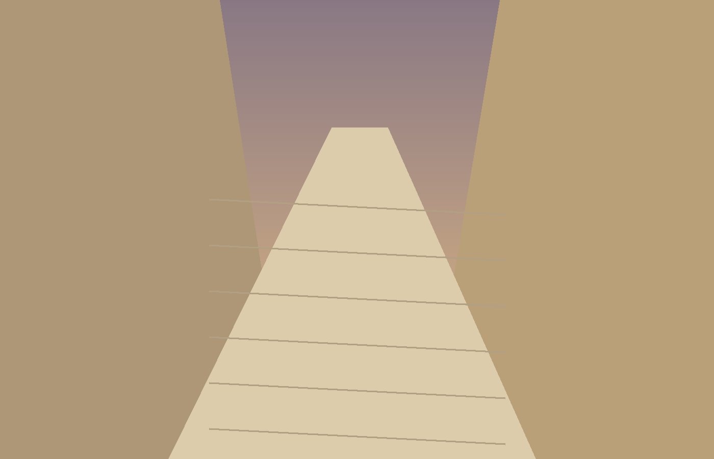 A pale stone path turning between high walls in early morning light