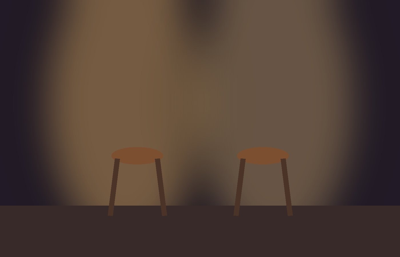Two simple wooden stools under crossing pools of warm stage light