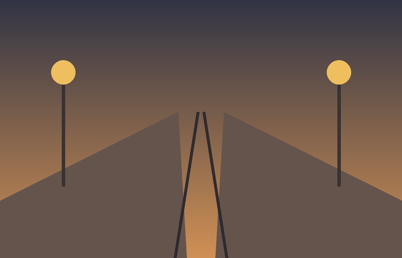 Two empty railway platforms extending in opposite directions beneath evening lights