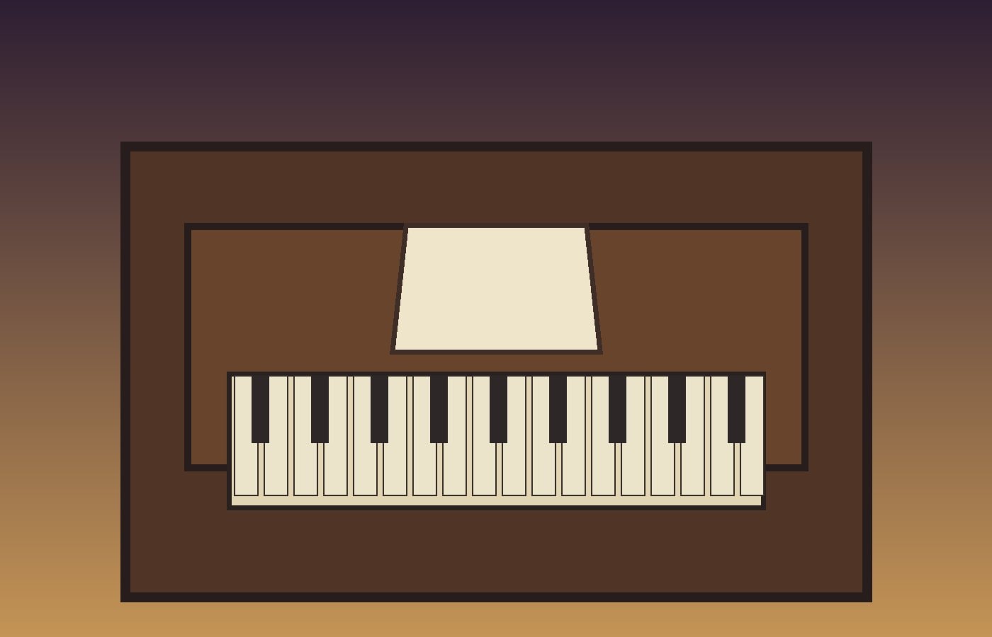 An upright piano with open keys beside a wooden music stand holding blank paper