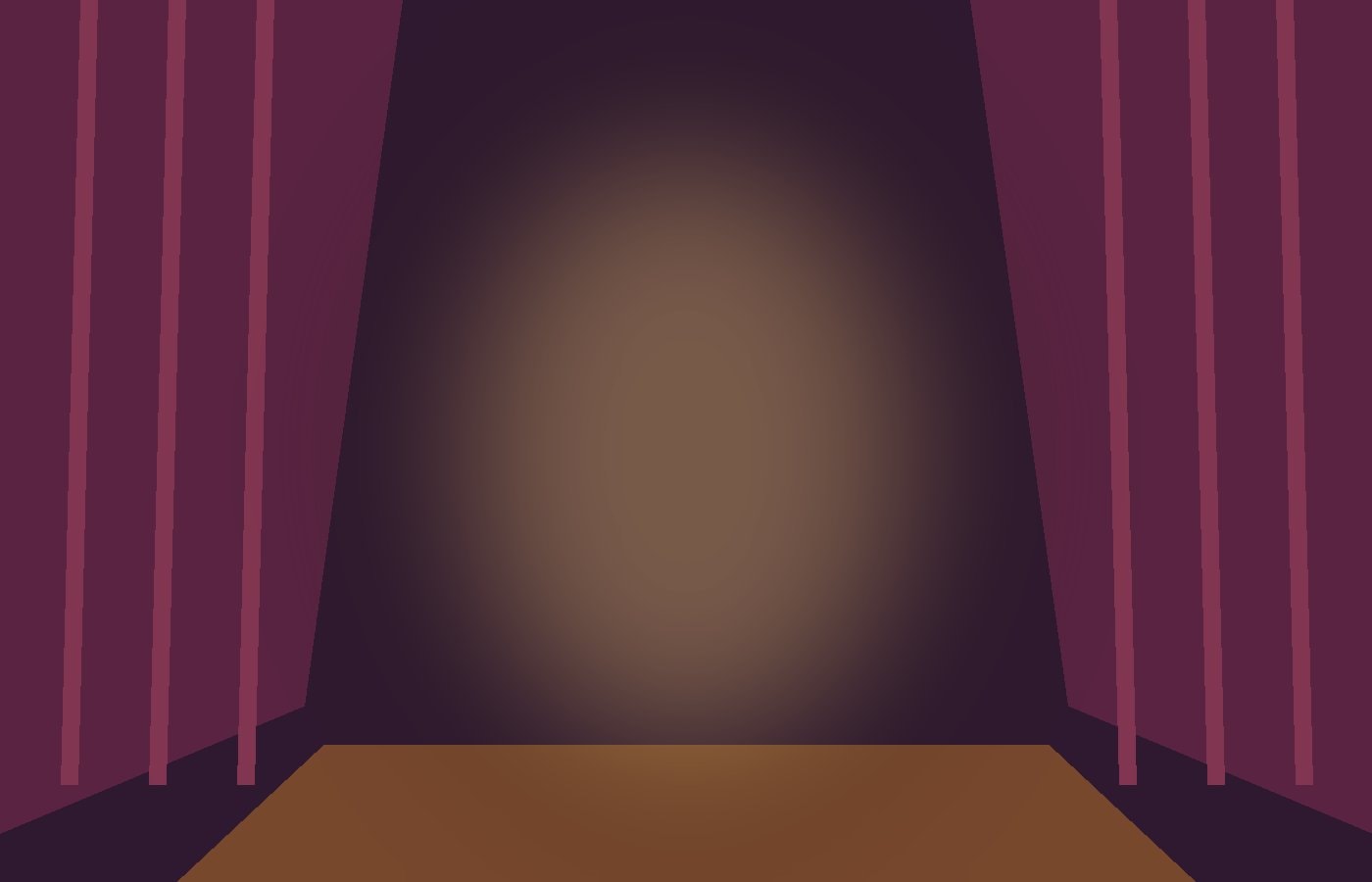 Empty stage framed by deep aubergine velvet curtains and soft amber light